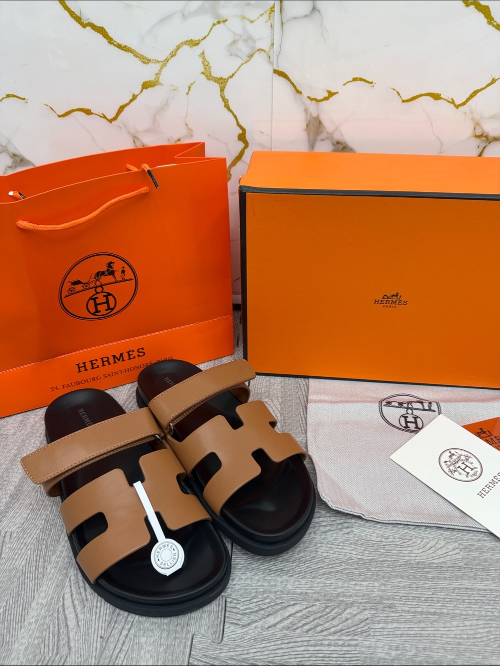Hermes Men’s Brown & Black H-Strap Leather Slide Sandals